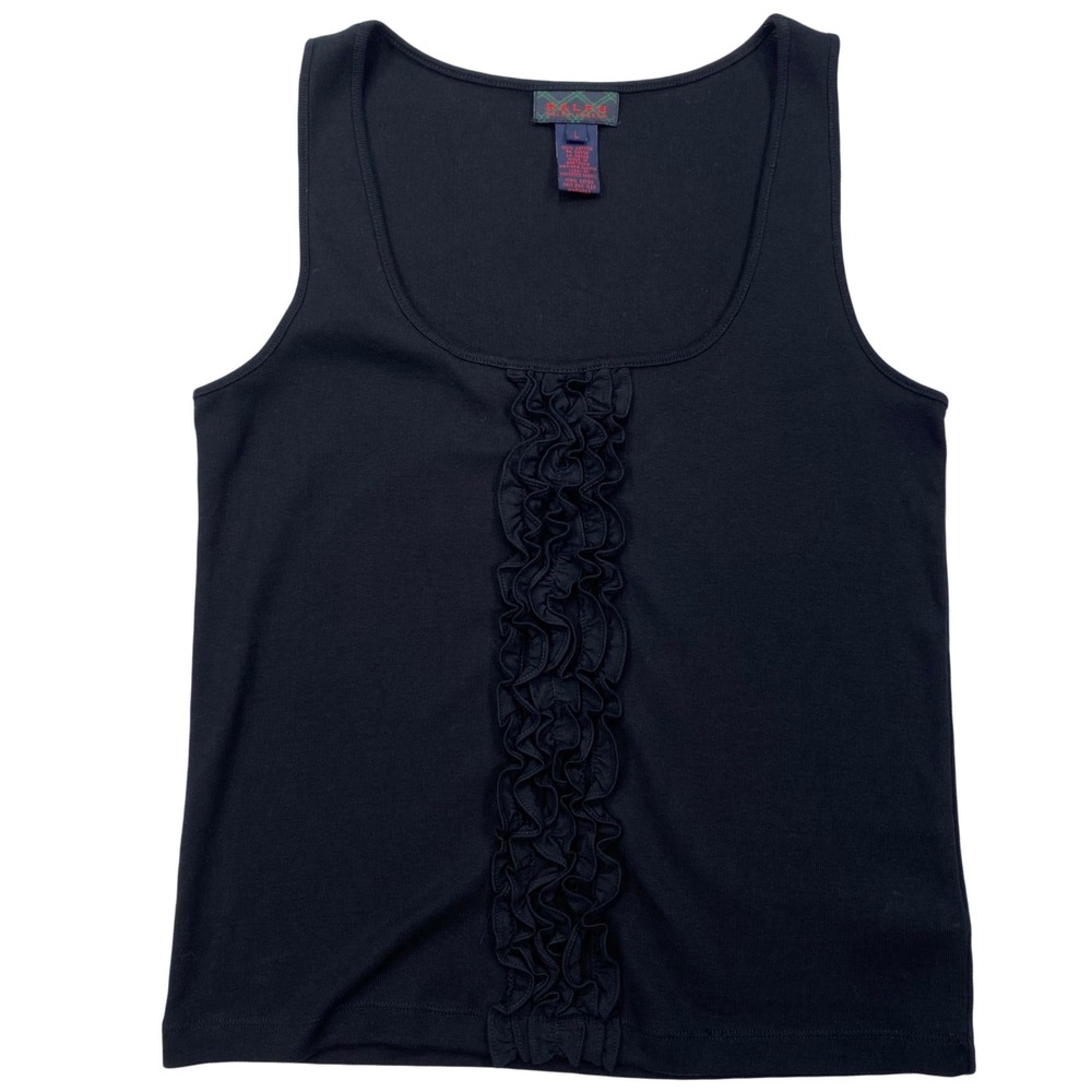 Ralph Lauren Ruffle Tank Top Women L Black Scoop Neck Sleeveless Cotton Knit VTG